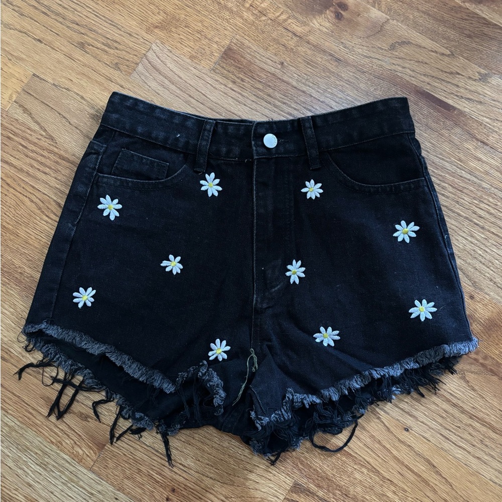 SHEIN Black Jean Shorts with Floral Embroidery